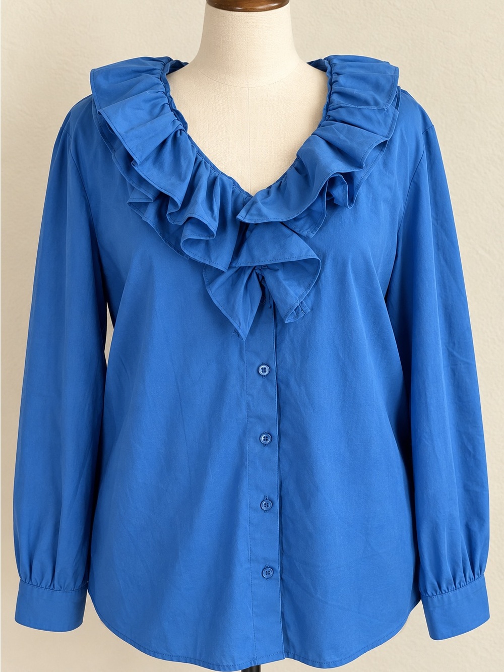 Ashley Stewart Blue Ruffle Collar Button Front Blouse Top Size 18 NWT
